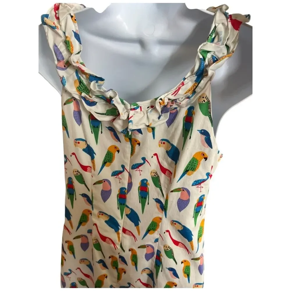 Larke Anthropologie sleeveless shift dress colorful parrots birds ruffle neck XS - Picture 8 of 9